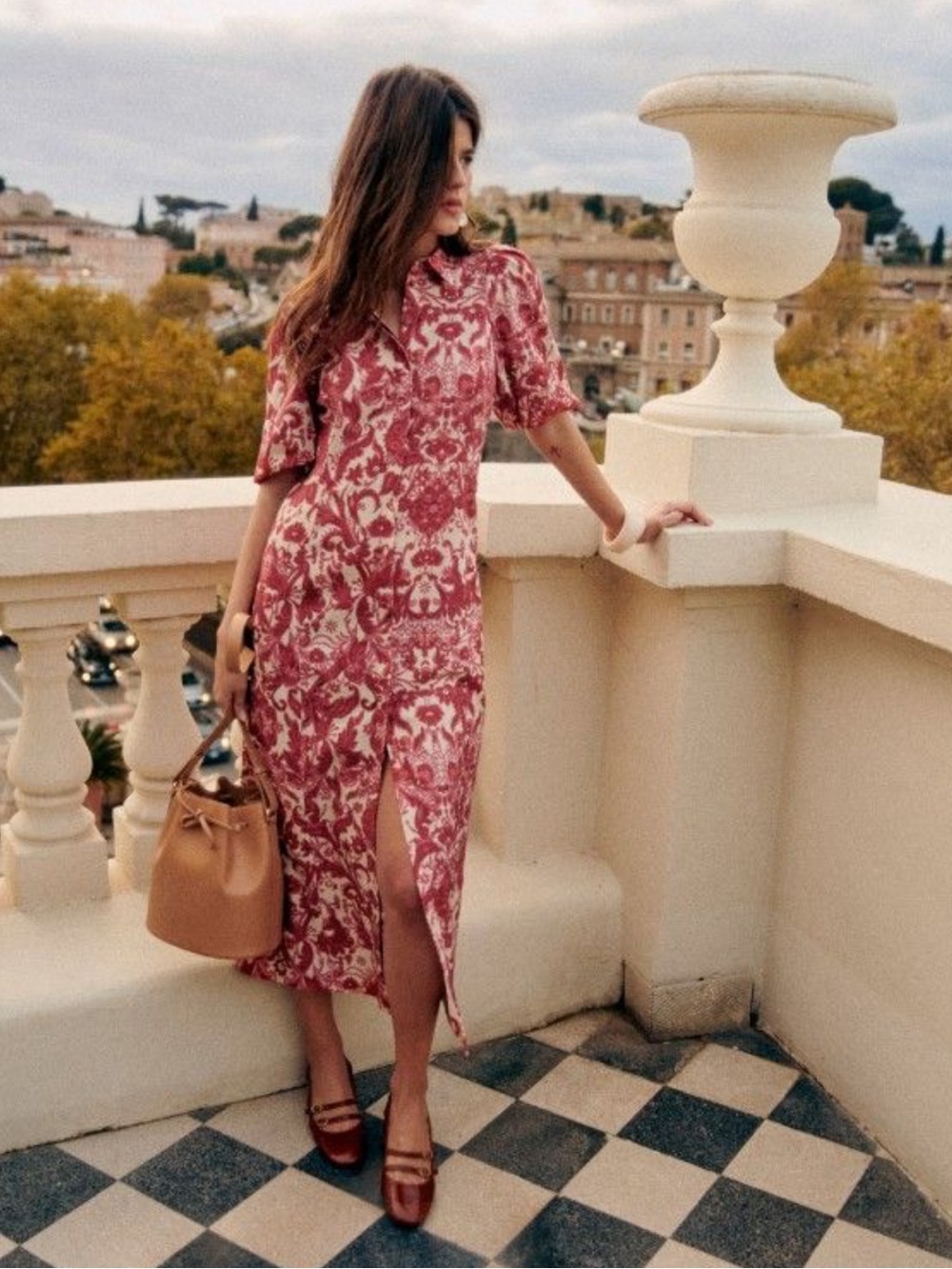 Sezane Red and Cream Floral Midi Dress with Front Slit - Picture 2 of 5